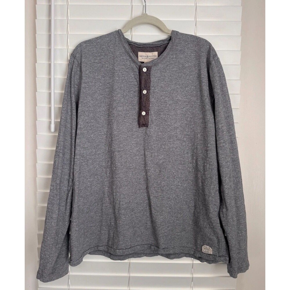 Rare Denim & Supply Ralph Lauren Long Sleeve Henley Shirt Gray Cotton Size XL